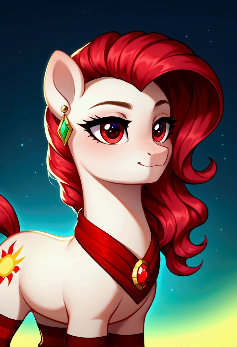 score_9,score_8_up,score_7_up,score_6_up, ((my little pony)), radiant lighting, vibrant colors, whimsical atmosphere, 8K, high resolution, highly detailed, masterpiece, behind view, white body, long red wavy hair, earrings, red eyes, stern look, black-red striped stockings