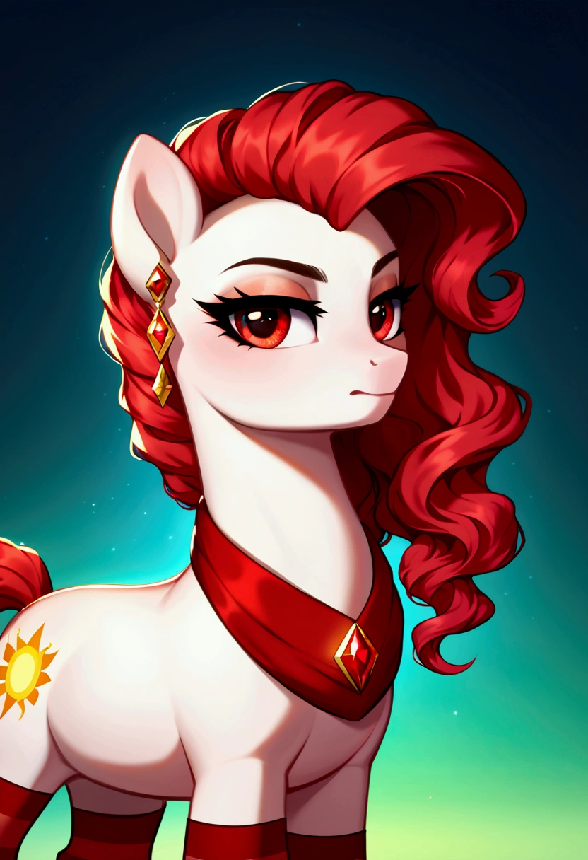 score_9,score_8_up,score_7_up,score_6_up, ((my little pony)), radiant lighting, vibrant colors, whimsical atmosphere, 8K, high resolution, highly detailed, masterpiece, behind view, white body, long red wavy hair, earrings, red eyes, stern look, black-red striped stockings