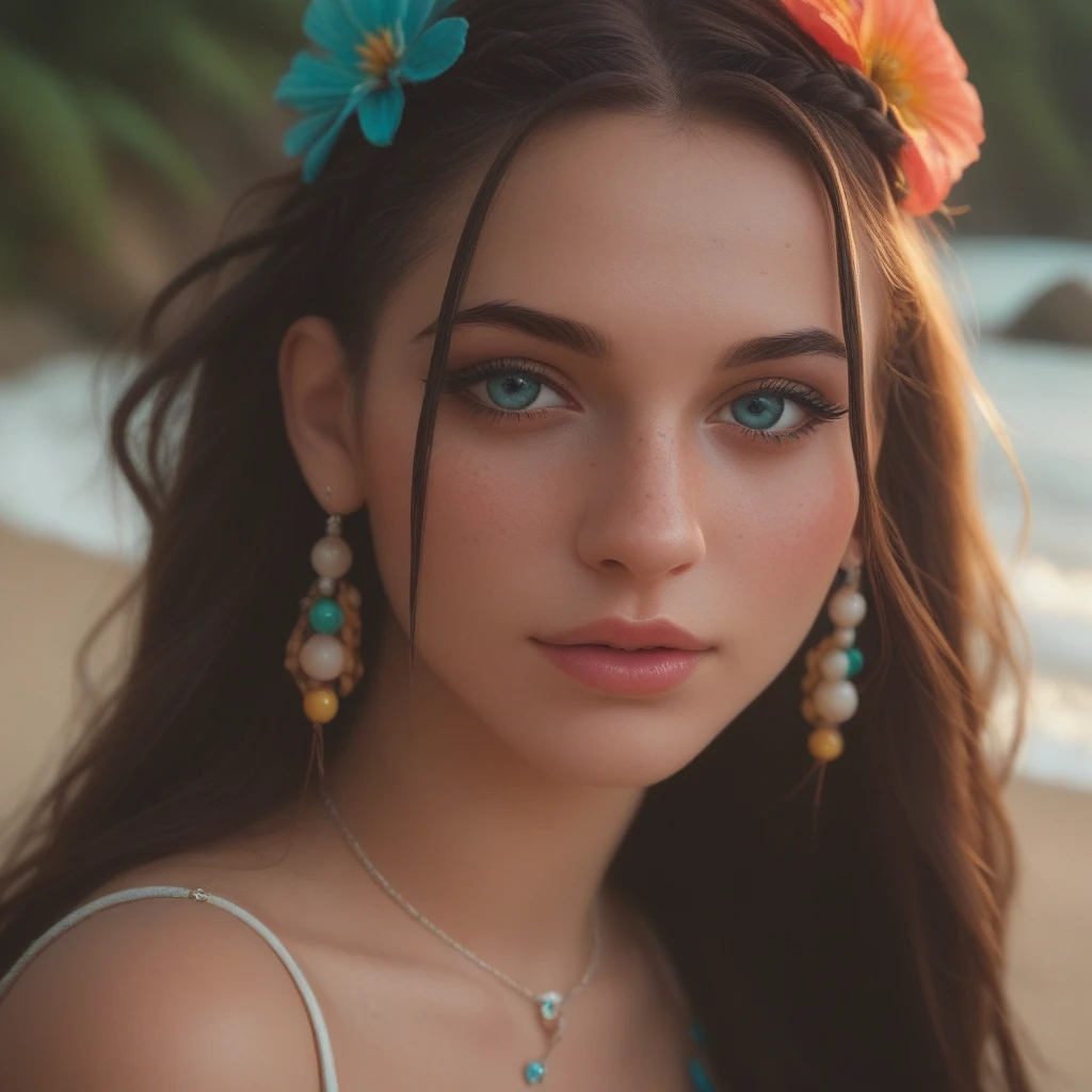 (score_9, score_8_up), score_7_up, A stunning Amazonian goddess poses on a sun-kissed beach, her radiant wet skin glistening in the warm light. She leans against a spear, adorned with colorful beads and feathers, her hair a mesmerizing tangle of white locks, dreadlocks, and braids. Freckles dance across her cheeks, complementing her perfect face, flushed with a subtle blush. Her makeup is flawless, with luscious lashes enhanced by mascara. A tribal dress hugs her hourglass figure, showcasing a tantalizing thigh gap. The camera captures her enchanting smile, her eyes sparkling with an otherworldly beauty as she exudes erotic charm.