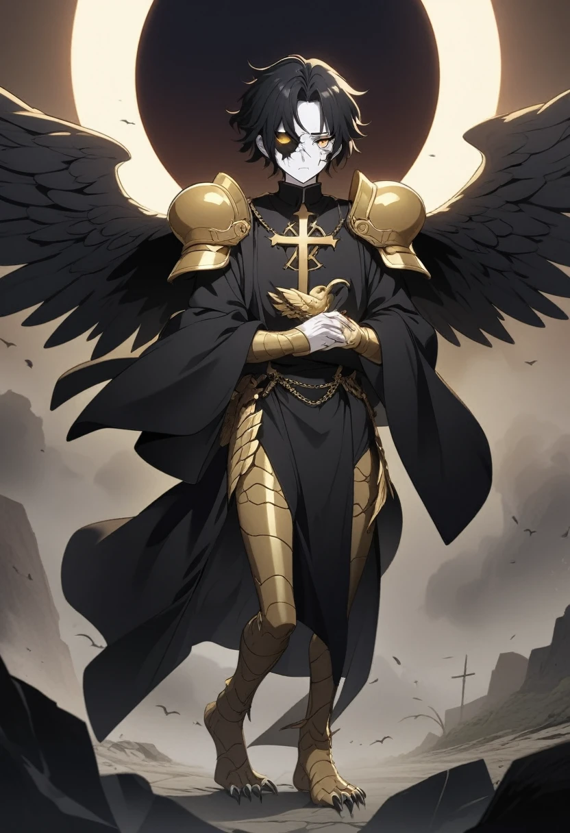 1man, adult, angel, pale skin, black hair, very short hair, white hairlocks, golden eyes, broken face, crack on the face, radiance coming from the crack, missing eye, black wings, eyed wings, bird legs, black robes, golden details, golden shoulder pads, golden prothesis in right hand, clawsprothesis, sword-cross on hands, eclipse, fullbody, anime style
