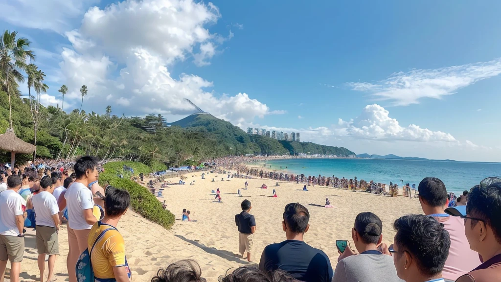 masterpiece, best quality, ultra-detailed, detailed scenery, beautiful detailed eyes, Angle from the front, (Landscape Photography:0.9),
Beach, (crowd of men:1.1), (4 Japanese men looking at the viewer short distance away:1.6), wearing only swim trunks,
beach chairs, beach ball, Beach umbrellas a short distance away, (toy banana boat in the sea:1.1),