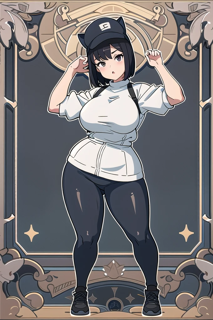 masterpiece、Highest quality、8K、One Woman、((Head to Toe、Are standing))、cat suit、Wearing a cap、Bob Haircut、Black Hair、Dark Eyes、Stocky build、Large Breasts、Waistline、Big Ass、Plump thighs、sneakers