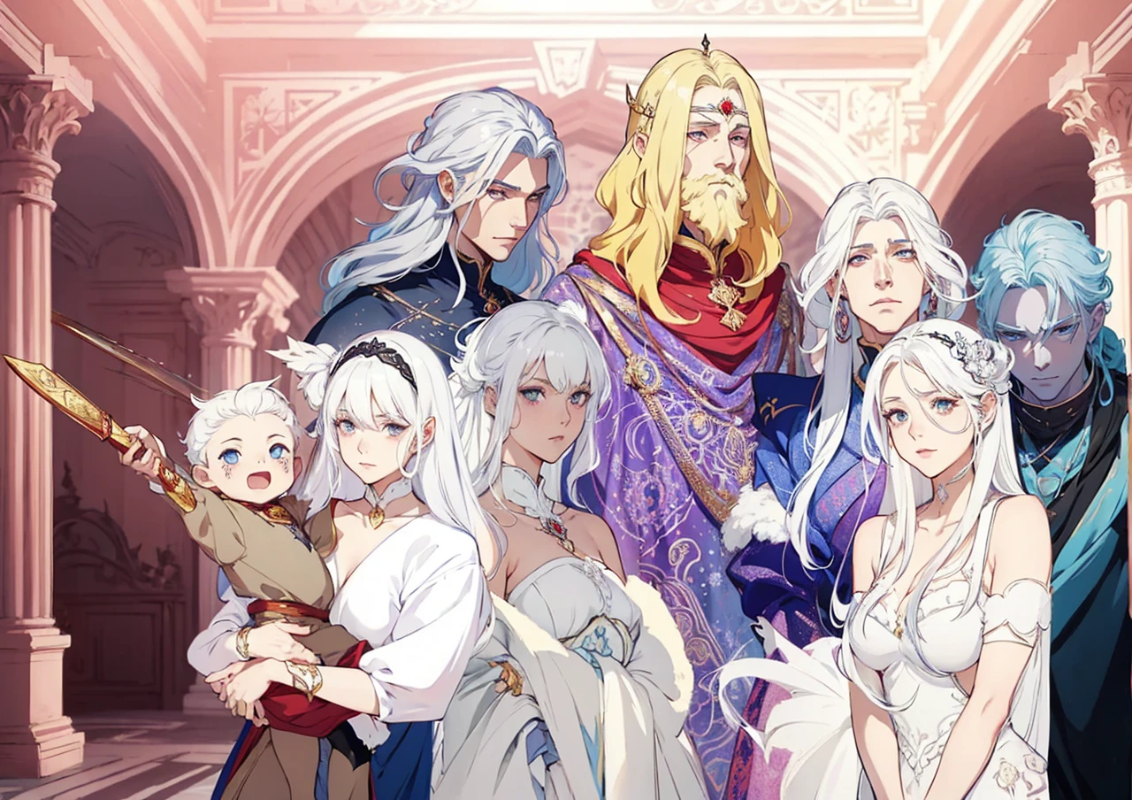 Royal family Palace fund Symmetrical bodies No errors Good quality
um grupo de pessoas com white hair e roupas brancas segurando espadas, a character portrait of Kamagurka, PIXIV, serial art, anime in fantasy style, harem, highly detailed exquisite fanart, coriolios RPG art style, white hair, wisdom friend anime, de white hair, dnd fantasy art, high quality fanart, detailed fanart