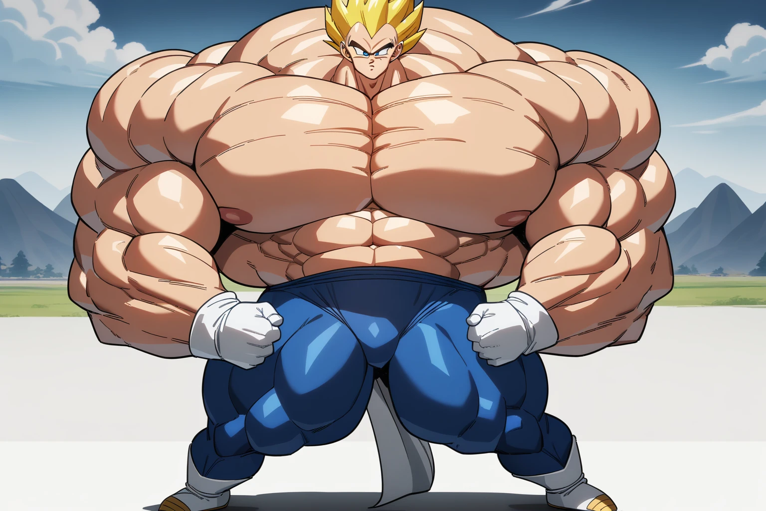 1boy, Vegeta, from Dragon Ball Z, masterpiece, best quality, very aesthetic, absurdres, saiyan, blue eyes, spiked hair, (yellow hair:1.5), standing up, good posture, shirtless, blue skintight pants, white gloves, (huge muscles:2.5), Dragon Ball Z artstyle, in the style of Akira Toriyama, white tiled floor, outdoor, flat-top mountains, Extreme Wide Shot, full pose, full body shot, (full body in frame:1), white boots with brown tips