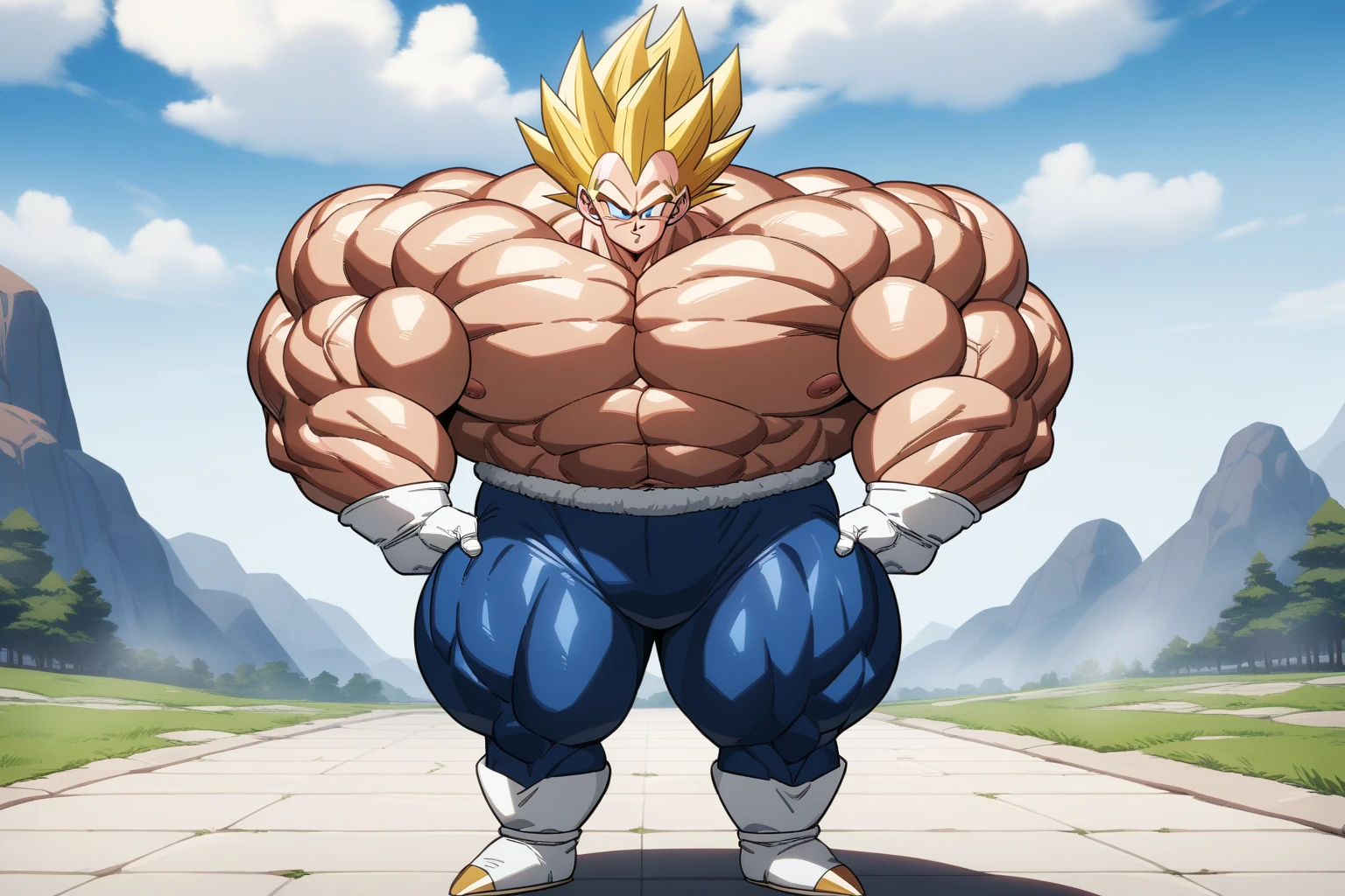 1boy, Vegeta, from Dragon Ball Z, masterpiece, best quality, very aesthetic, absurdres, saiyan, blue eyes, spiked hair, (yellow hair:1.5), standing up, good posture, shirtless, blue skintight pants, white gloves, (huge muscles:2.5), Dragon Ball Z artstyle, in the style of Akira Toriyama, white tiled floor, outdoor, flat-top mountains, Extreme Wide Shot, full pose, full body shot, (full body in frame:1), white boots with brown tips