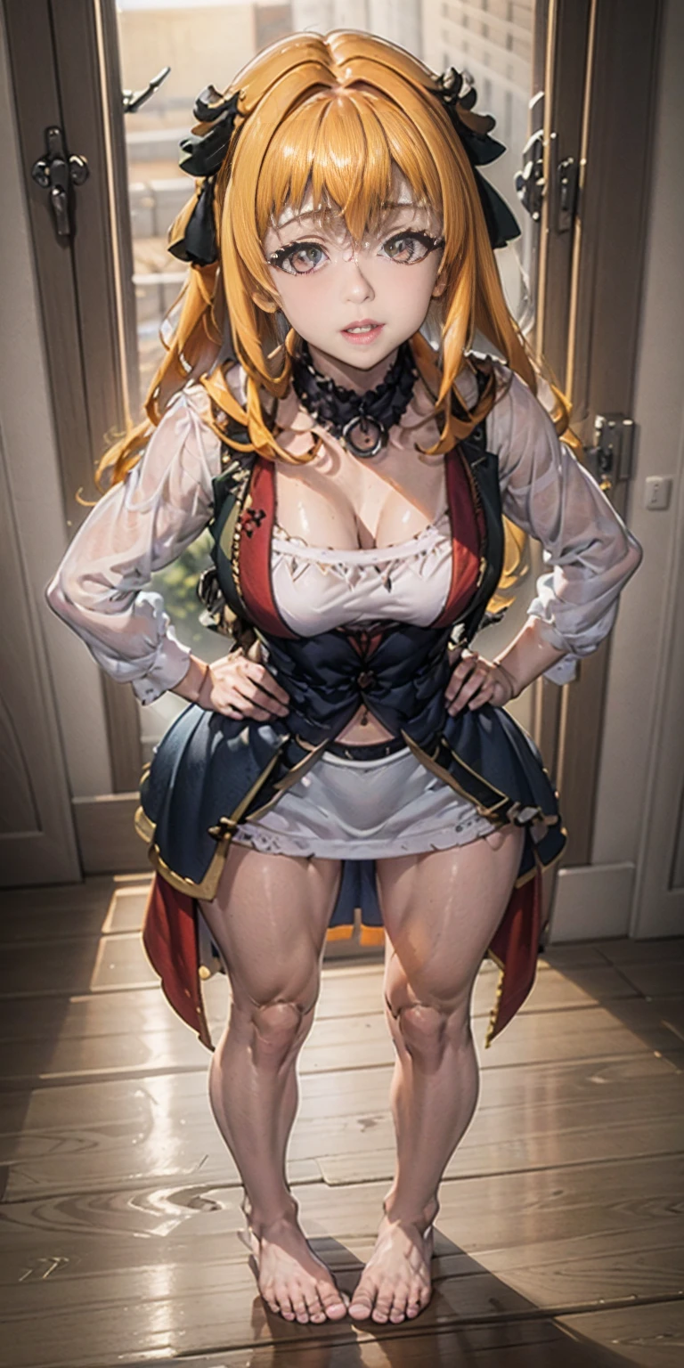 Female full body standing straight symmetrical looking to viewer pov kiss, hands on hips, barefoot together (plain background)