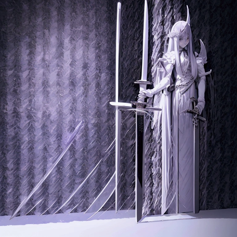 white gothic lolita angel of punishment, long white hair, purple eyes, 4 wings, (((((holding a long sword))))), mature, slim, tall, (best quality,4K,8K,mackerel,masterpiece:1.2),very detailed,(realistic,photorealistic,photo-realistic:1.37),intricate details,contrast lighting,cinematic lighting,dramatic shadows,surreal,occult,ethereal,dark fantasy,piercer