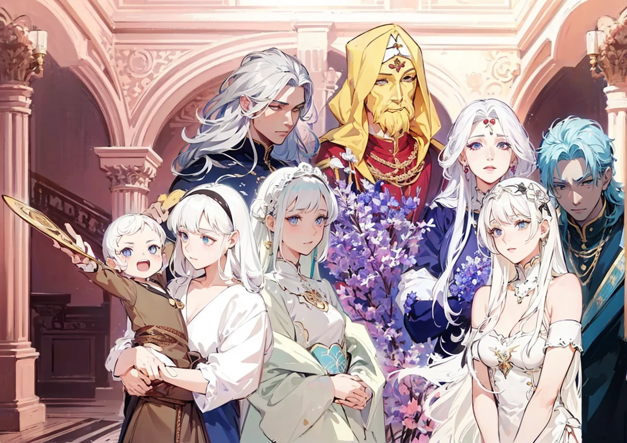 Royal family Palace fund Symmetrical bodies No errors Good quality 

um grupo de pessoas com white  hair e roupas brancas segurando espadas, a character portrait of Kamagurka, PIXIV, serial art, anime in fantasy style, harem, highly detailed exquisite fanart, coriolios RPG art style, white  hair, wisdom friend anime, de white  hair, dnd fantasy art, high quality fanart, detailed fanart