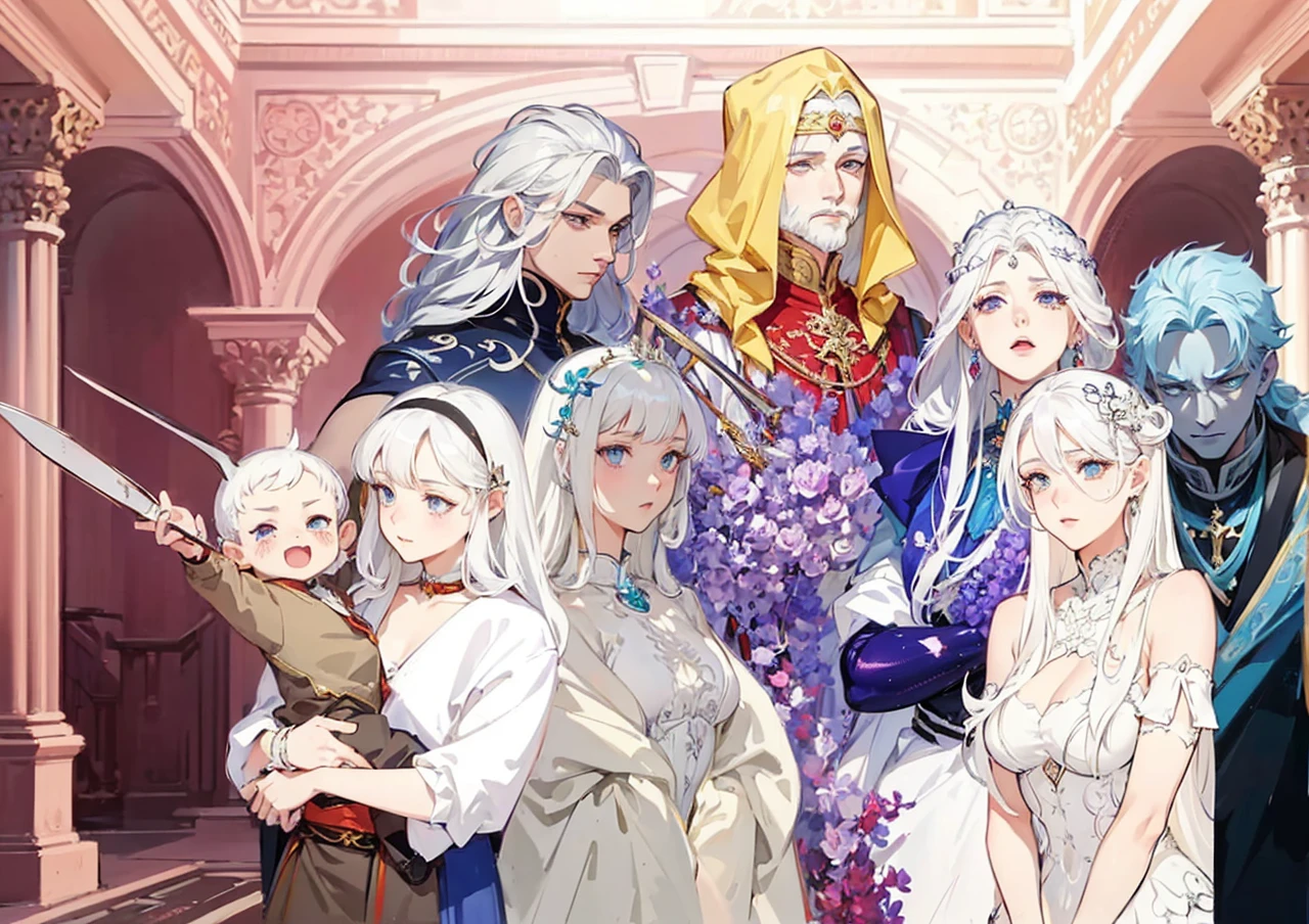 Royal family Palace fund Symmetrical bodies No errors Good quality
um grupo de pessoas com white hair e roupas brancas segurando espadas, a character portrait of Kamagurka, PIXIV, serial art, anime in fantasy style, harem, highly detailed exquisite fanart, coriolios RPG art style, white hair, wisdom friend anime, de white hair, dnd fantasy art, high quality fanart, detailed fanart