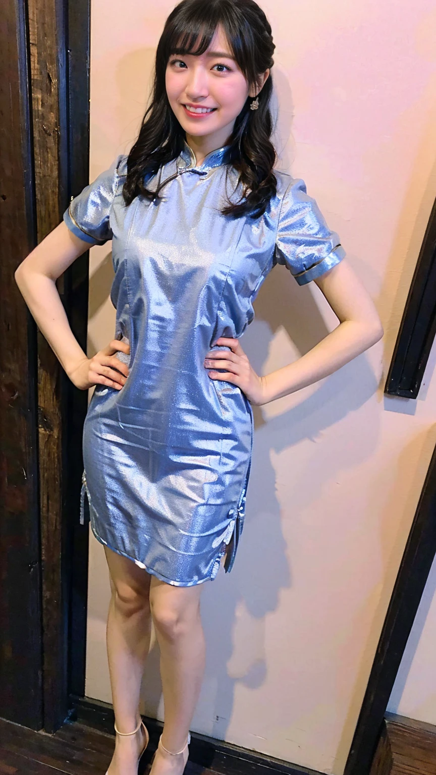 (8K、RAW Photos、Highest quality、masterpiece:1.2)、(Realistic、Realistic)、1 Girl、((Long cheongsam:1.2、Thin legs、whole body、View from the front、smile、Looking into the camera、Stand with hands on hips))、cute、((The background is slums))、Accurate Fingers