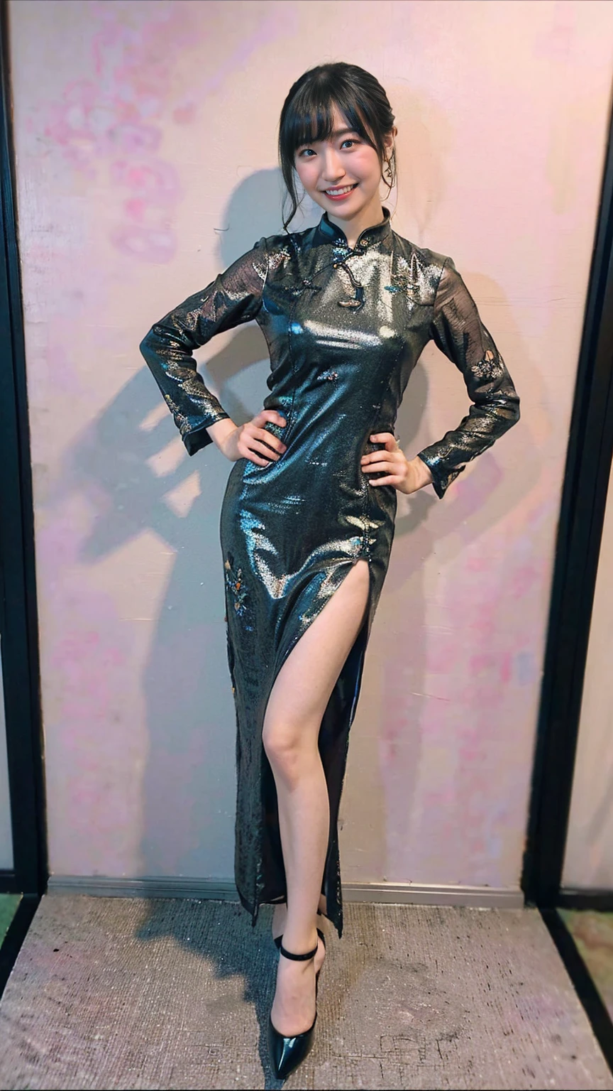 (8K、RAW Photos、Highest quality、masterpiece:1.2)、(Realistic、Realistic)、1 Girl、((Long cheongsam:1.2、Thin legs、whole body、View from the front、smile、Looking into the camera、Stand with hands on hips))、cute、((The background is slums))、Accurate Fingers