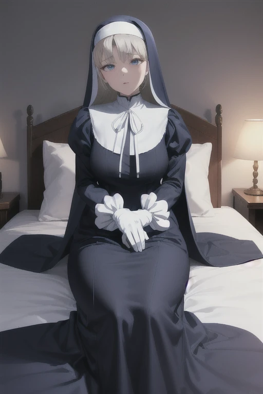 Mature women, nun, 1girl, solo, nun outfit, puffy sleeves, blue cape, long skirt, white gloves, hands covered face, (perfect skin),(no emotion), anime, room, bedroom, sexy pose, laying back