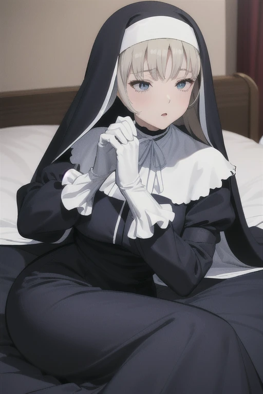 Mature women, nun, 1girl, solo, nun outfit, puffy sleeves, blue cape, long skirt, white gloves, hands covered face, (perfect skin),(no emotion), anime, room, bedroom, sexy pose, laying back
