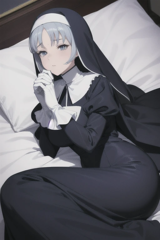 Mature women, nun, 1girl, solo, nun outfit, puffy sleeves, blue cape, long skirt, white gloves, hands covered face, (perfect skin),(no emotion), anime, room, bedroom, sexy pose, laying back