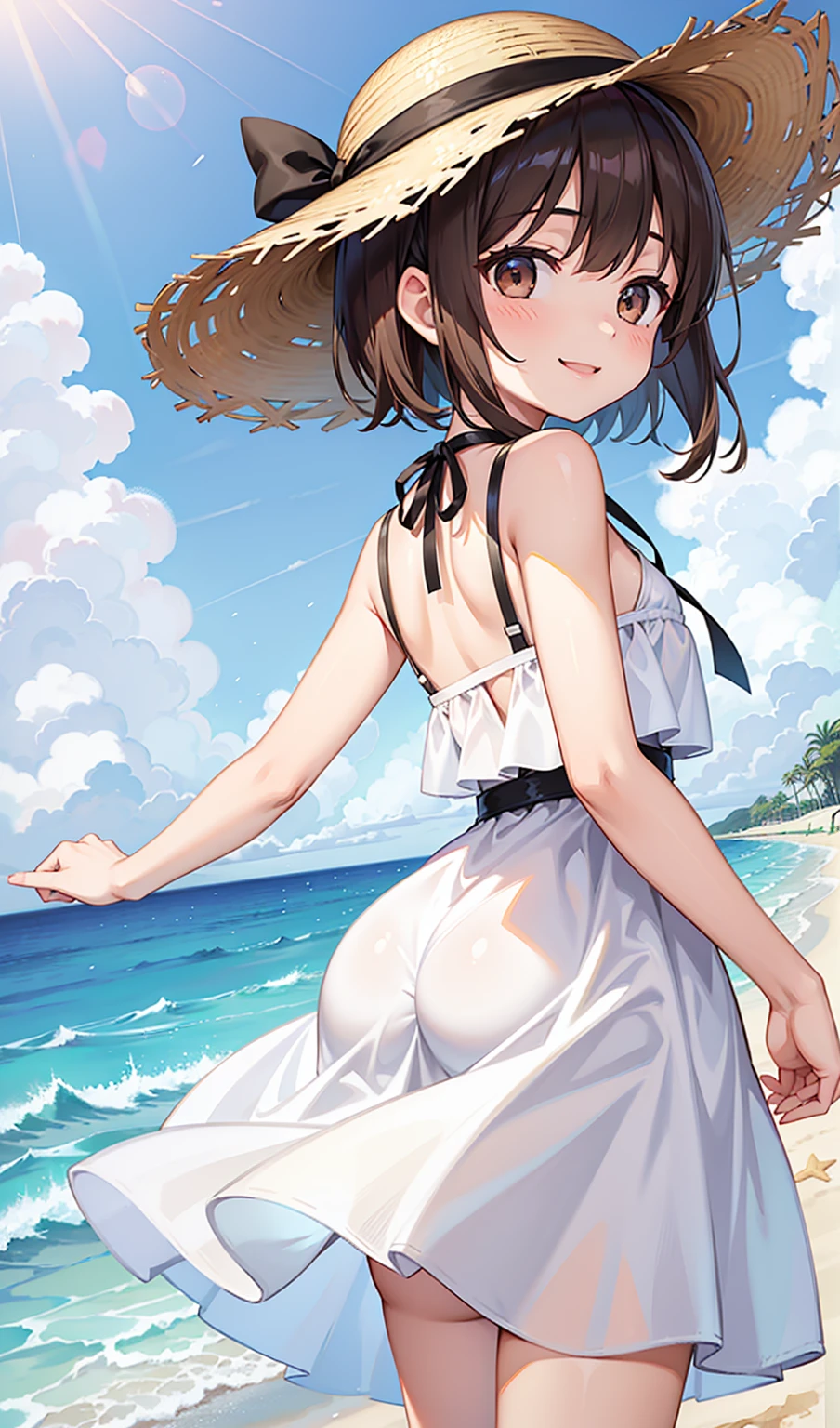 (One girl)、smile、turn around、beach、White dress、Straw hat、Dark brown short hair、Dark brown eyes