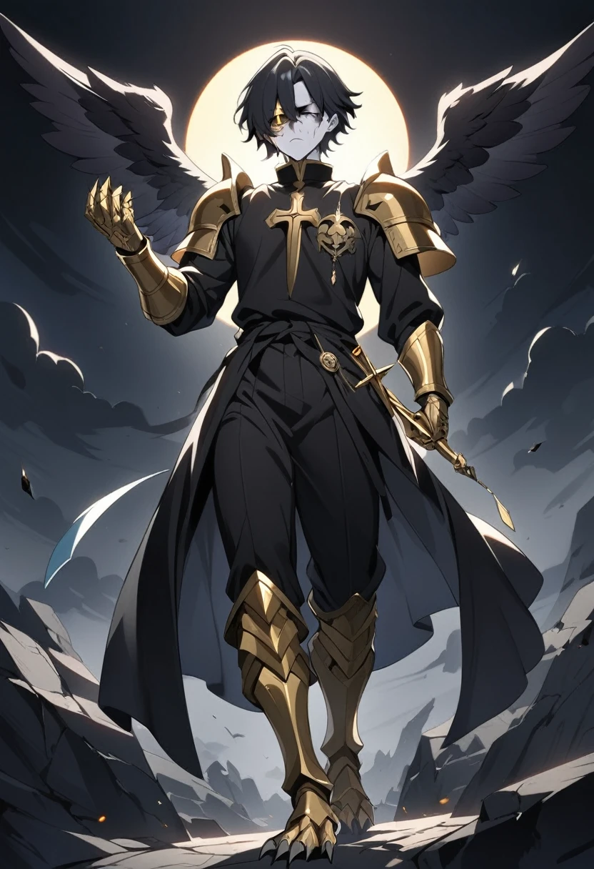 1man, adult, angel, pale skin, black hair, very short hair, white hairlocks, golden eyes, broken face, crack on the face, radiance coming from the crack, missing eye, black wings, eyed wings, bird legs, black robes, golden details, golden shoulder pads, golden prothesis in right hand, clawsprothesis, sword-cross on hands, eclipse, fullbody, anime style

