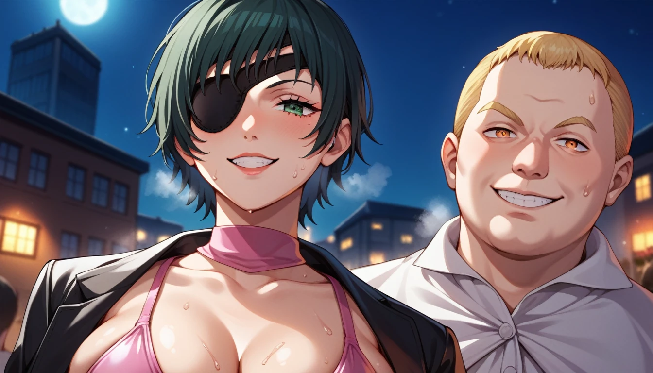 mature female, mature, Adult, himeno, himeno(Chainsaw Man), black hair, short hair, eyepatch, seductive smile, grin, nsfw, chest, View your audience, Night town, City, skyscraper, latex pink leotard under the black cape, sweat, steam, 1man and 1woman, Villains, fat man, man is skinhead, man is 50 years old, man wearing white long coat, masterpiece, Top animation quality,Top image quality,