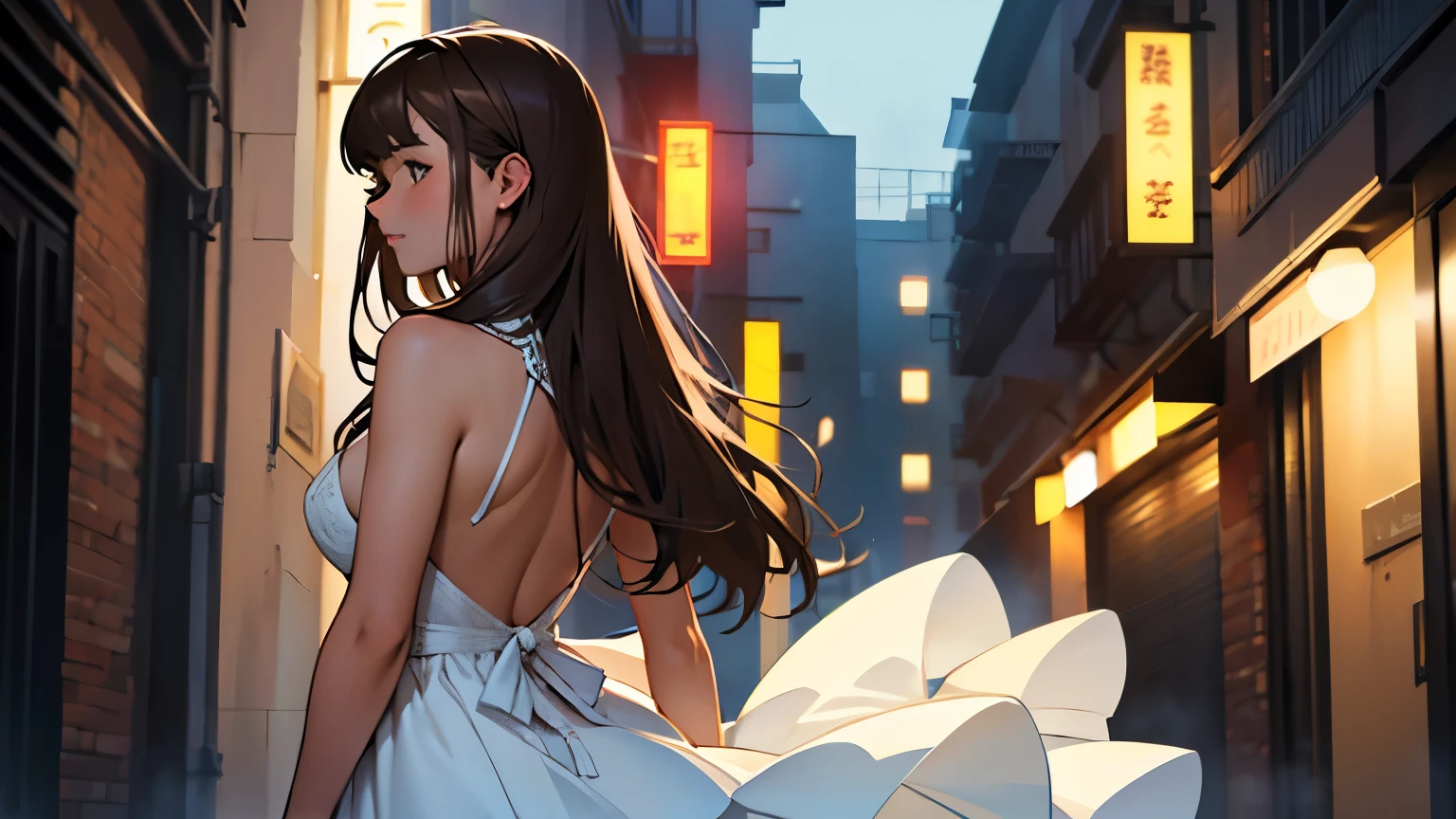 Masterpiece, best quality, Turtle Ear V4, 1 girl, alone, Blush, Twintail, long hair, hair between the eyes, ((Street clothing)), city, outdoor, nighttime, Movie Poster, Very detailed 8K, smooth, high resolution, Special quality, movie light, surrounding occlusion, HD, 2k, 4K, 8K, 16K, Very detailed anime, detailed face, perfect composition, wide angle shot, Atmosphere light, Very sexy, Lift the skirt, Random low back angle, Flashy, no, Flashy noมีกระโปรง เห็นหี