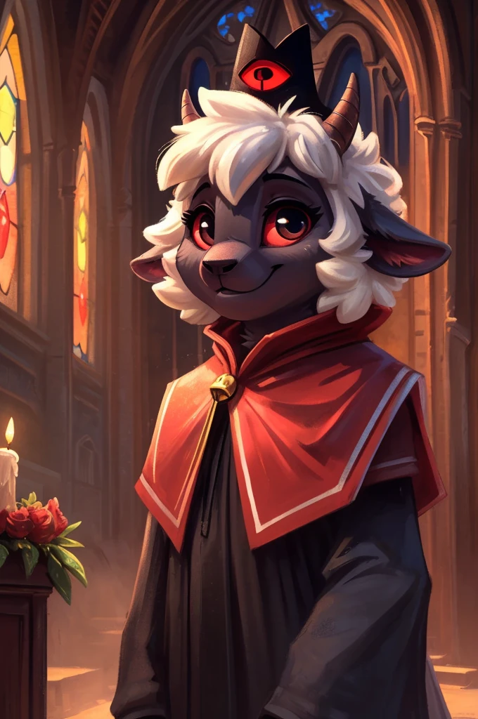 uploaded on e621, ((by Yurusa, by Childe Hassam, by Kenket, by Kyoto Animation)),
solo (chibi:1.15) ((sheep (lamb \(cult of the lamb\)), black body and white fur, white hair, horn, clear red sclera)),
(wear red crown, red cloak, grey black gown:1.25), (flat chested, smile), ((detailed fluffy fur)),
(half-length portrait, looking at viewer, three-quarter view:1.3),
BREAK,
(standing at church with stained glass:1.25), (outside, fog, mist, candle:1.2),
(detailed background, depth of field, half body shadow, sunlight, ambient light on the body),
(intricate:0.7), (high detail:1.2), (unreal engine:1.3), (soft focus:1.1),
[explicit content, questionable content], (masterpiece, best quality, 4k, 2k, shaded, absurd res)