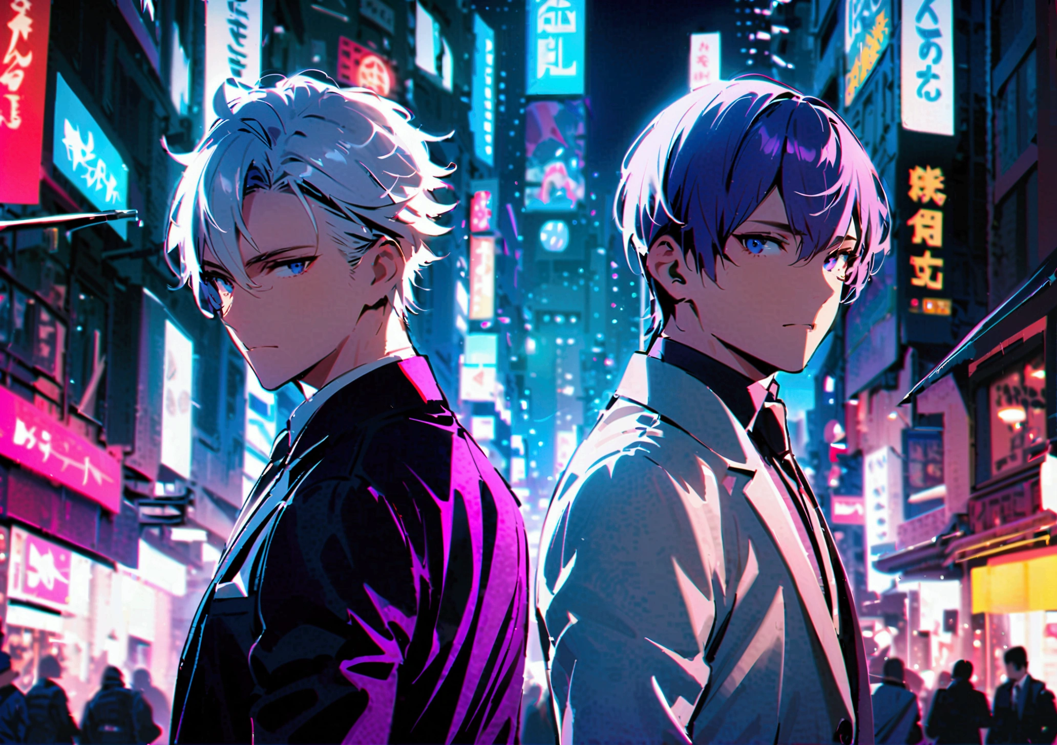 3 men with white hair, 1 man with black hair, 1 man in a black suit with purple hair, 1 man in a white suit standing in a group with their backs turned in the middle of the city at night.