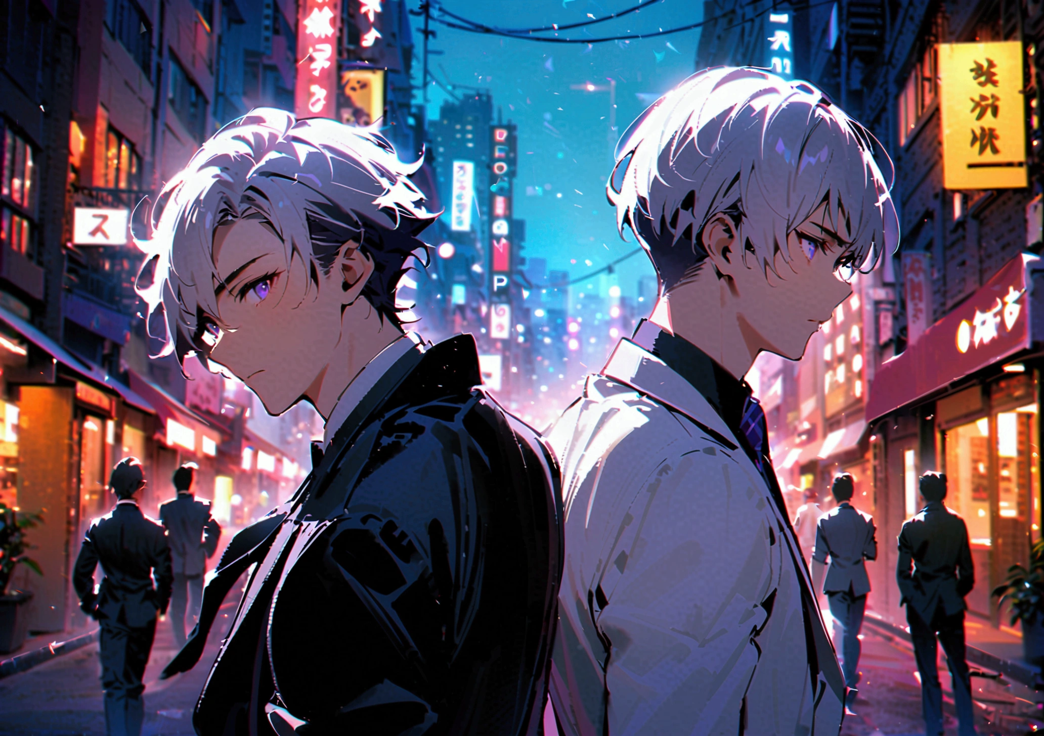 3 men with white hair, 1 man with black hair, 1 man in a black suit with purple hair, 1 man in a white suit standing in a group with their backs turned in the middle of the city at night.