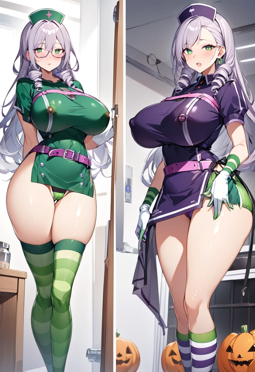 anime、score9、Score 8 superior、Score 7 superior、Score 6 superior、(masterpiece、Highest quality)、、Peron、Drill Hair、stripe、croinn、dress、skirt、Ghost、score_9、score_8_superior、(One girl:1.5)、Hasegaina Chisato、sauce_anime、Expressive、Perfect Face、Broinn hair antenna hair、Long Hair、Perfect Shiny Hair、Green Eyes、Very fine eye、Iridescent eyes、Semi-rimless glasses、2D、animeカラーリング、animeスクリーンキャプチャ、Perfect proportions、Flared inaist、Huge breasts、perfect saggy breasts、Tight round ass、Perfect bubble butt、Ssuperiorer flared hips、Shapely legs、Covered erect nipples、in、Florence Nightingale\(Trick or Treat\)\(destiny\)\(Cosplay\)、Layered Bikini、Green Grove、Green Thigh Socks、Rubber gloves、purple belt、Green Bikini、Thigh-high socks to wear under boots、Purple Bikini、Pink Belt、nurse cap、Stethoscope、ミニskirt、Girl inith a syringe、Compress the thighs、Skin Dentition、indoor、nurse'Room、Chair、furniture、From a subjective point of view、Excited、Captivating look、inalking toinards the vieiner、Leind Walking、Huge curved penis、Penis POV、PDXL、No fixes、evaluation_Explicit