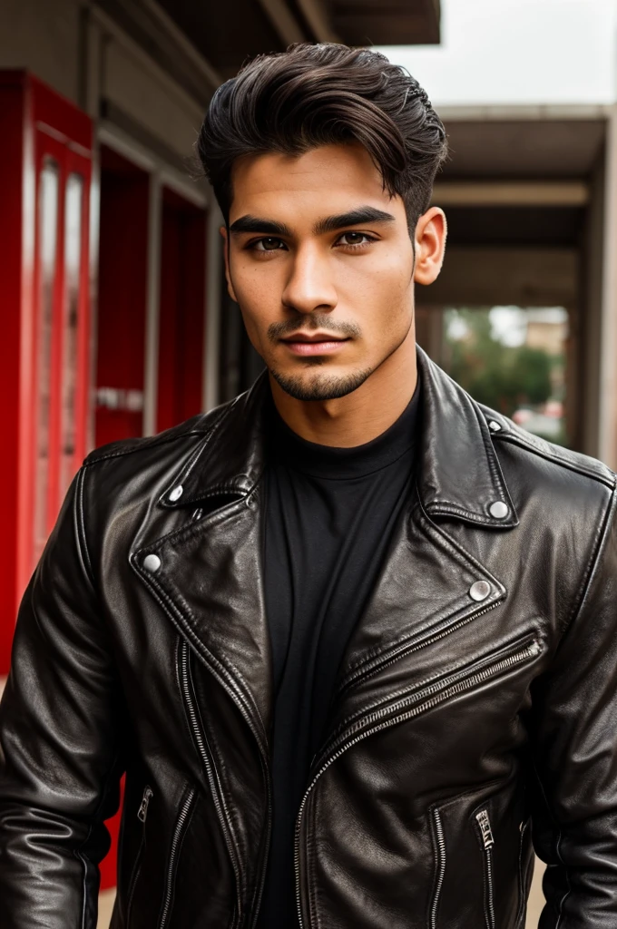 (Best Quality), Chico, Sports motorcycle, black wavy hair, Brown eyes, scar on his right eyebrow, leather jacket