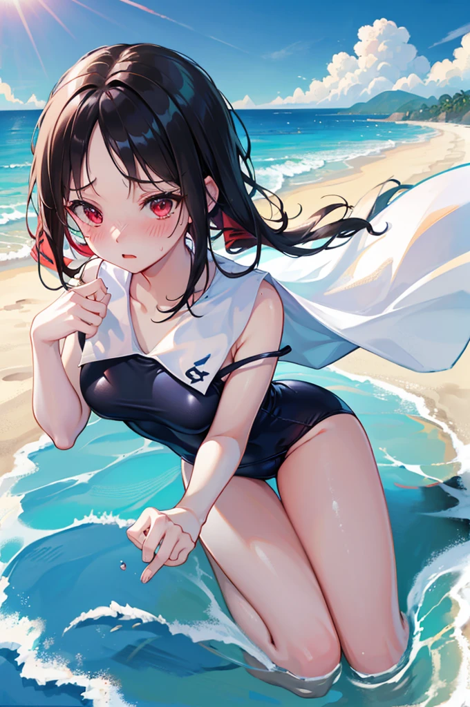 School Swimsuit,,Blushing、Pale red eyes、Black Hair、Red ribbon、Head to toe full body、Blushing、Embarrassed look、Composition from the front、A view from slightly below、school swimwear、Acme Face、Random pose、, 、nsfw、Highest quality、1 girl、solo、Ocean、Sandy Beach、Sexy pose、Random pose、Blushing、Wet、Embarrassed、I can see half of my 、、One piece swimsuit、(Strap slip:1.3)、School Swimsuit