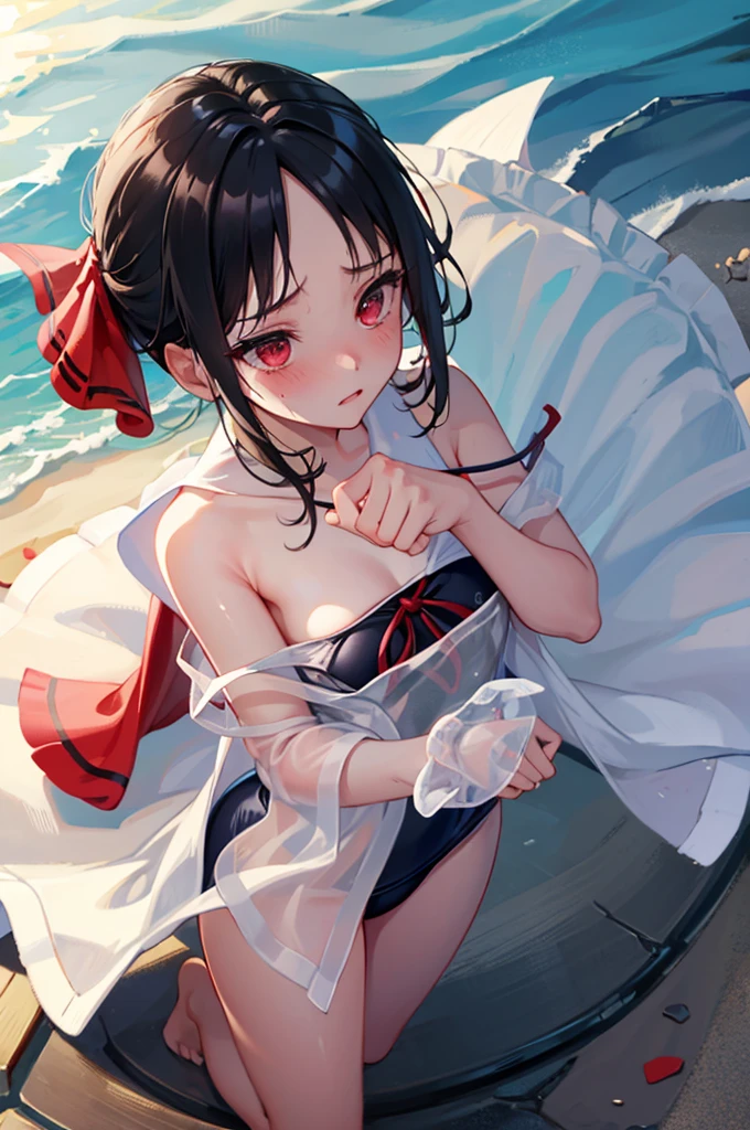School Swimsuit,,Blushing、Pale red eyes、Black Hair、Red ribbon、Head to toe full body、Blushing、Embarrassed look、Composition from the front、A view from slightly below、school swimwear、Acme Face、Random pose、, 、nsfw、Highest quality、1 girl、solo、Ocean、Sandy Beach、Sexy pose、Random pose、Blushing、Wet、Embarrassed、I can see half of my 、、One piece swimsuit、(Strap slip:1.3)、School Swimsuit