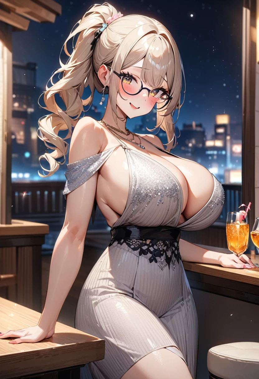 (masterpiece),(Highest quality),(Very detailed),(Best illustrations),(Best Shadow),Natural Light,(Detailed Background),(とてもbeautiful)(masterpiece),(Highest quality),(Very detailed),(Best illustrations),(Best Shadow),(Detailed Background),(とてもbeautiful), masterpiece, Highest quality, High resolution,,(masterpiece1.5),super high quality, Super detailed,Perfect drawing,Mr.々Hairstyle,One girl,alone,Large Breasts,Glasses,(Chairman:1.3),(Big Breasts:1.3),beautiful,smile,Sequined Dress,necklace,accessories,glitter,(Top Gravure Model),(blush:1.3),(night),Night Time,Party Venue,Super cute,Sparkling,Super cute,(Highest quality,High resolution,masterpiece:1.2),Super detailed,Vibrant colors,View here,beautiful女性、光沢のあるbeautiful肌,、((Clear Face))、High Resolution、Vibrant colors、完璧なbeautiful女の子、