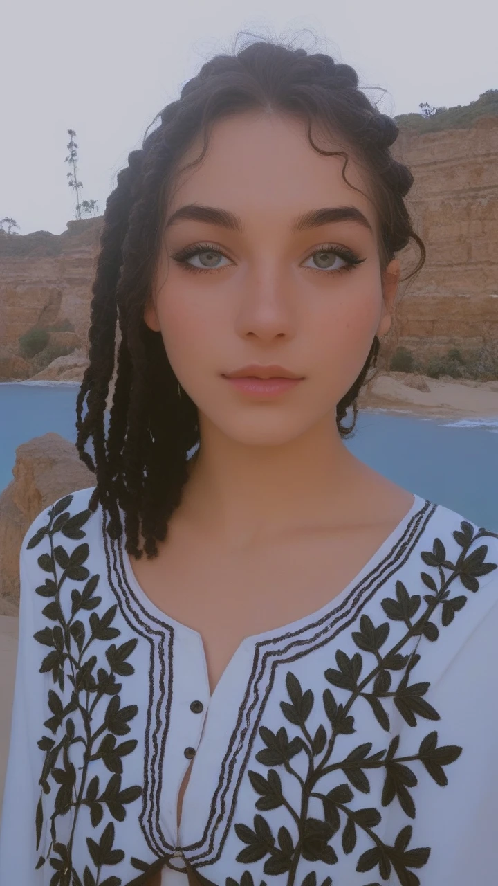 (score_9, score_8_up), score_7_up, A stunning Amazonian goddess poses on a sun-kissed beach, her radiant wet skin glistening in the warm light. She leans against a spear, adorned with colorful beads and feathers, her hair a mesmerizing tangle of white locks, dreadlocks, and braids. Freckles dance across her cheeks, complementing her perfect face, flushed with a subtle blush. Her makeup is flawless, with luscious lashes enhanced by mascara. A tribal dress hugs her hourglass figure, showcasing a tantalizing thigh gap. The camera captures her enchanting smile, her eyes sparkling with an otherworldly beauty as she exudes erotic charm.