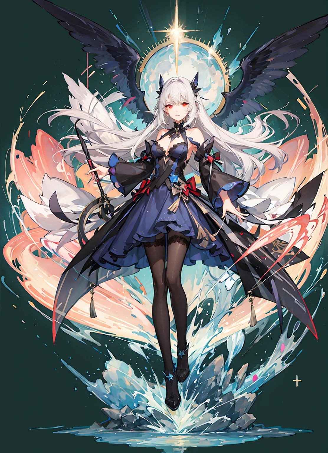 ((Magical little girl)), ((Brilliant starry sky background)), ((Super detailed)), ((Best illustration)), ((movie lighting)), Dynamic angle, floating, Meticulous attention to detail, (sparkling:1.2), (spark:1.2), (shine:1.2), classic, (painting:1.1), (sketch:1.1), (best quality), (masterpiece:1.2), (anime style), (alone), Beautiful and delicate face, (cute face:1.3), (big red eyes:1.3), colorful hair, (long hair:1.2), (floating hair:1.2), (Magical girl costume), Camouflage, (Sparkling Wand:1.3), (magical effect:1.3), (floating long dress:1.2), (cute boots:1.1), (Transparent fabric:1.5), (Flash:1.2), (glow:1.2), (radiation:1.2), (flashing:1.2), (Dazzle:1.2)，白色long hair，red eyes，black beast，Black quagmire