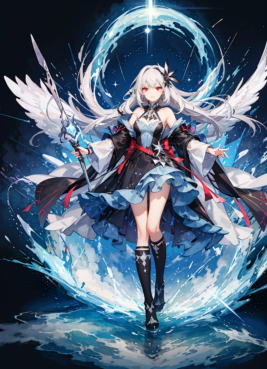 ((Magical little girl)), ((Brilliant starry sky background)), ((Super detailed)), ((Best illustration)), ((movie lighting)), Dynamic angle, floating, Meticulous attention to detail, (sparkling:1.2), (spark:1.2), (shine:1.2), classic, (painting:1.1), (sketch:1.1), (best quality), (masterpiece:1.2), (anime style), (alone), Beautiful and delicate face, (cute face:1.3), (big red eyes:1.3), colorful hair, (long hair:1.2), (floating hair:1.2), (Magical girl costume), Camouflage, (Sparkling Wand:1.3), (magical effect:1.3), (floating long dress:1.2), (cute boots:1.1), (Transparent fabric:1.5), (Flash:1.2), (glow:1.2), (radiation:1.2), (flashing:1.2), (Dazzle:1.2)，白色long hair，red eyes，black beast，Black quagmire