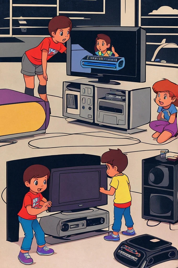 two children playing video games in front of a tube TV, shocked to see a person being pulled into the TV, only showing their legs out as if they had dived into the TV. halftone colors, Steven Rhodes style.