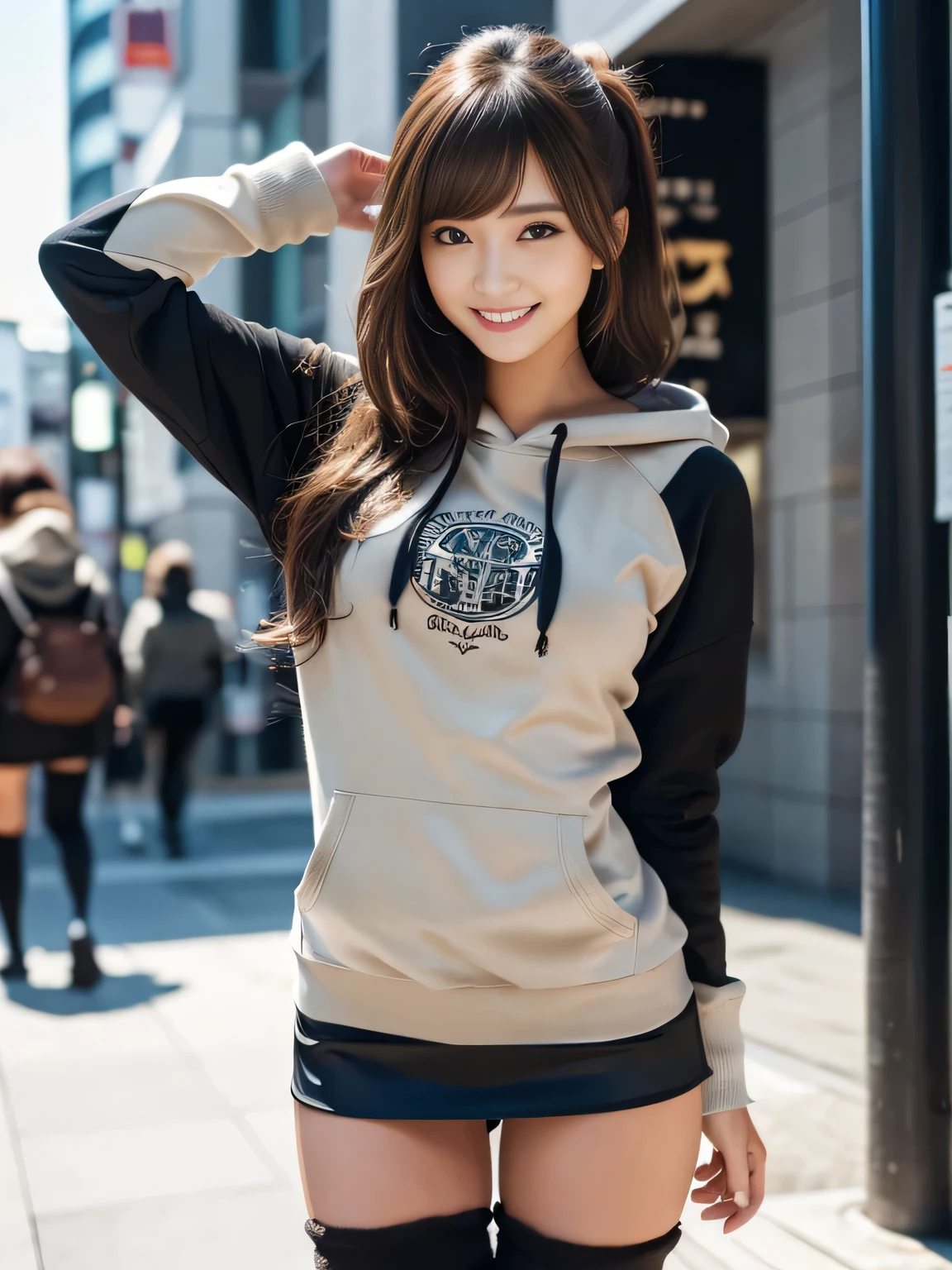 masterpiece, best quality, ultra-detailed, intricately detailed hyperdetailed, realistic, sharp features, highly detailed, sharp focus, (18 years old:1.3), perfect face, perfect symmetrically eyes, perfect full lips, hyper detailed, hyper realistic, high resolution, Fashion Model, Slender, Japanese Idol, brown hair, Stylish, Realistic, Photorealistic:1.3, Beautiful Face, light brown hair, messy hair, Beautiful hairstyle, (grin), (Black tops:1.2), ((Large size hoodies, Black miniskirt, Large leg warmers)), Shibuya,