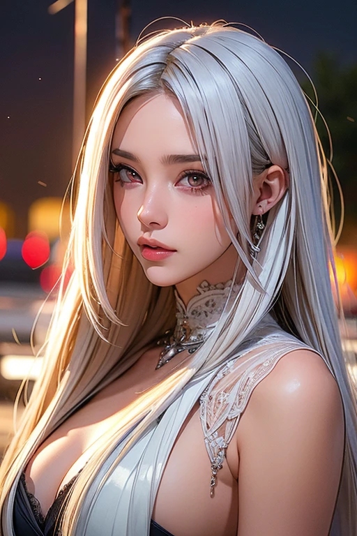 masterpiece, Highest quality, Very detailed, cinematic lightening, Exquisite detail, High resolution, Official Art, Beautifully detailed face and eyes, High resolutionのイラスト, 8K, Depth of written boundary, Bokeh, alone, One girl, A girl with white hair and red eyes, Long white hair, Beautiful red eyes, Beautiful Landscape, Rainy Town, Upper Body, View your viewers, close