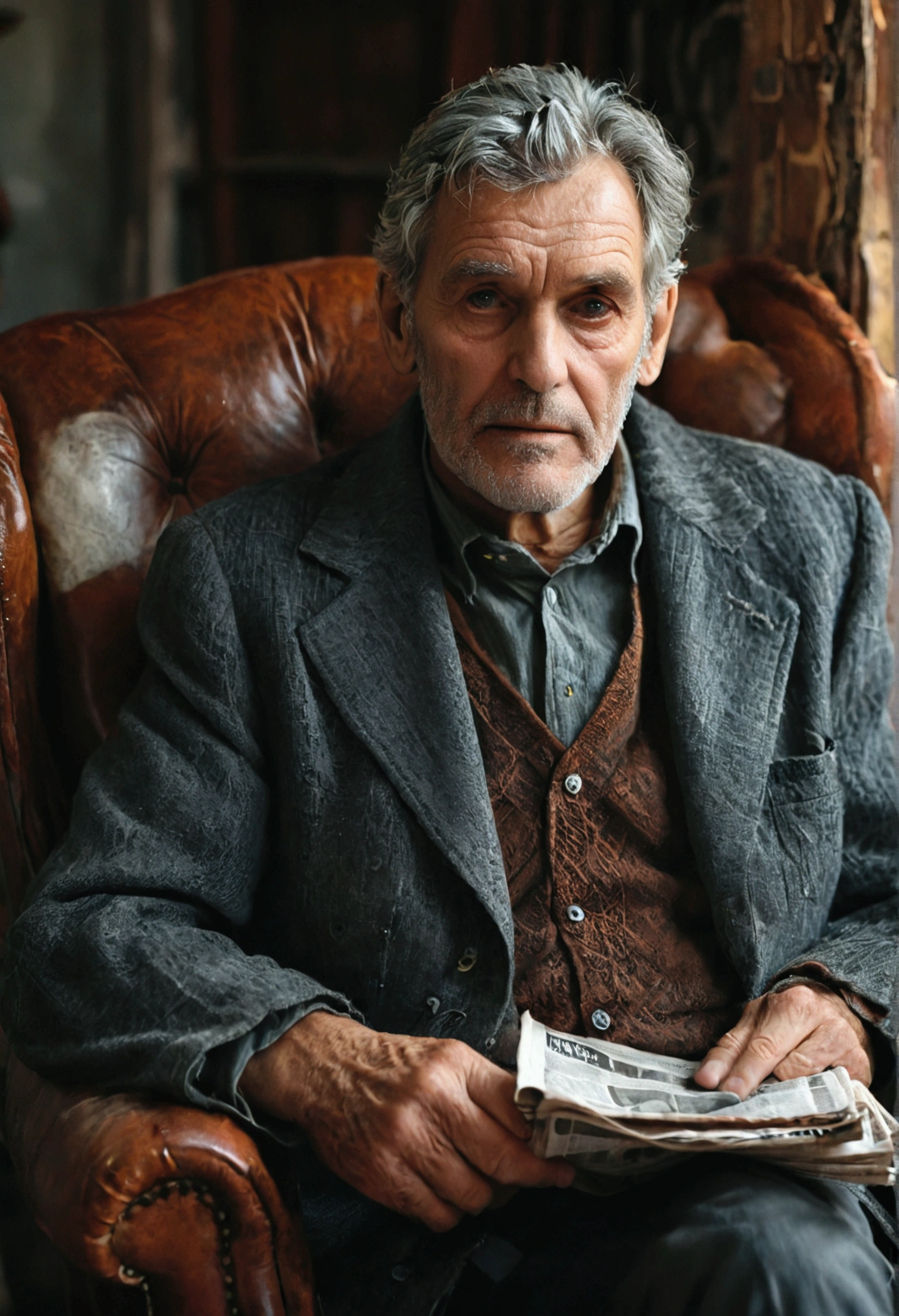 A man with a graying appearance sits in an armchair with a newspaper in his hand
