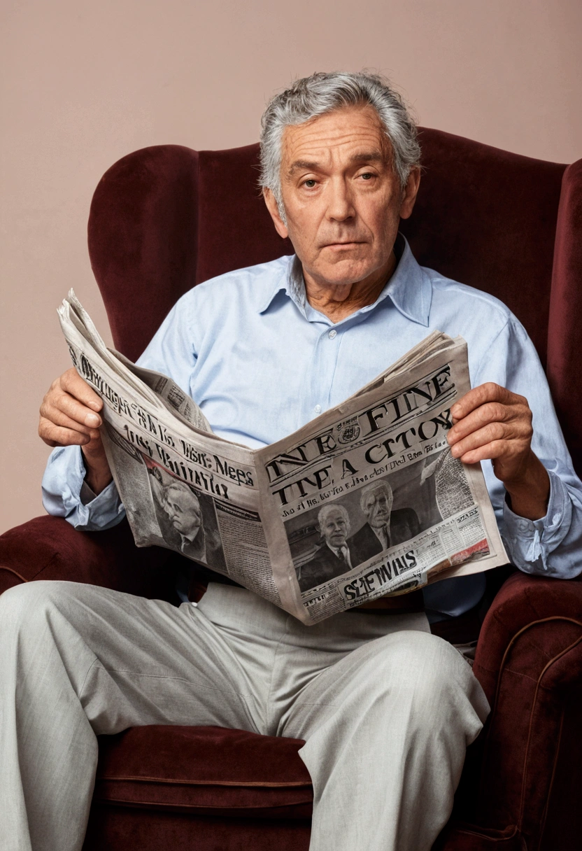 A man with a graying appearance sits in an armchair with a newspaper in his hand
