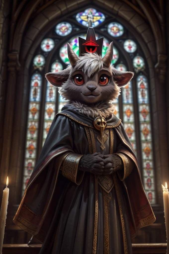 uploaded on e621, ((by Yurusa, by Childe Hassam, by Kenket, by Kyoto Animation)),
solo (chibi:1.15) ((sheep (lamb \(cult of the lamb\)), black body and white fur, white hair, horn, clear red sclera)),
(wear red crown, red cloak, grey black gown:1.25), (flat chested, smile), ((detailed fluffy fur)),
(half-length portrait, looking at viewer, three-quarter view:1.3),
BREAK,
(standing at church with stained glass:1.25), (outside, fog, mist, candle:1.2),
(detailed background, depth of field, half body shadow, sunlight, ambient light on the body),
(intricate:0.7), (high detail:1.2), (unreal engine:1.3), (soft focus:1.1),
[explicit content, questionable content], (masterpiece, best quality, 4k, 2k, shaded, absurd res)