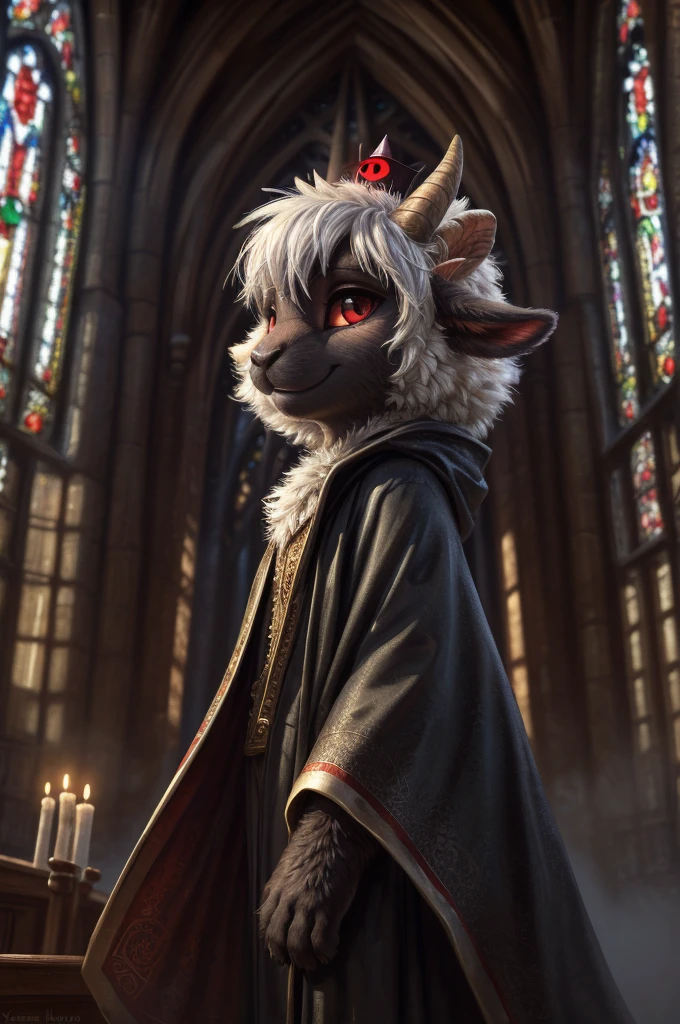uploaded on e621, ((by Yurusa, by Childe Hassam, by Kenket, by Kyoto Animation)),
solo (chibi:1.15) ((sheep (lamb \(cult of the lamb\)), black body and white fur, white hair, horn, clear red sclera)),
(wear red crown, red cloak, grey black gown:1.25), (flat chested, smile), ((detailed fluffy fur)),
(half-length portrait, looking at viewer, three-quarter view:1.3),
BREAK,
(standing at church with stained glass:1.25), (outside, fog, mist, candle:1.2),
(detailed background, depth of field, half body shadow, sunlight, ambient light on the body),
(intricate:0.7), (high detail:1.2), (unreal engine:1.3), (soft focus:1.1),
[explicit content, questionable content], (masterpiece, best quality, 4k, 2k, shaded, absurd res)