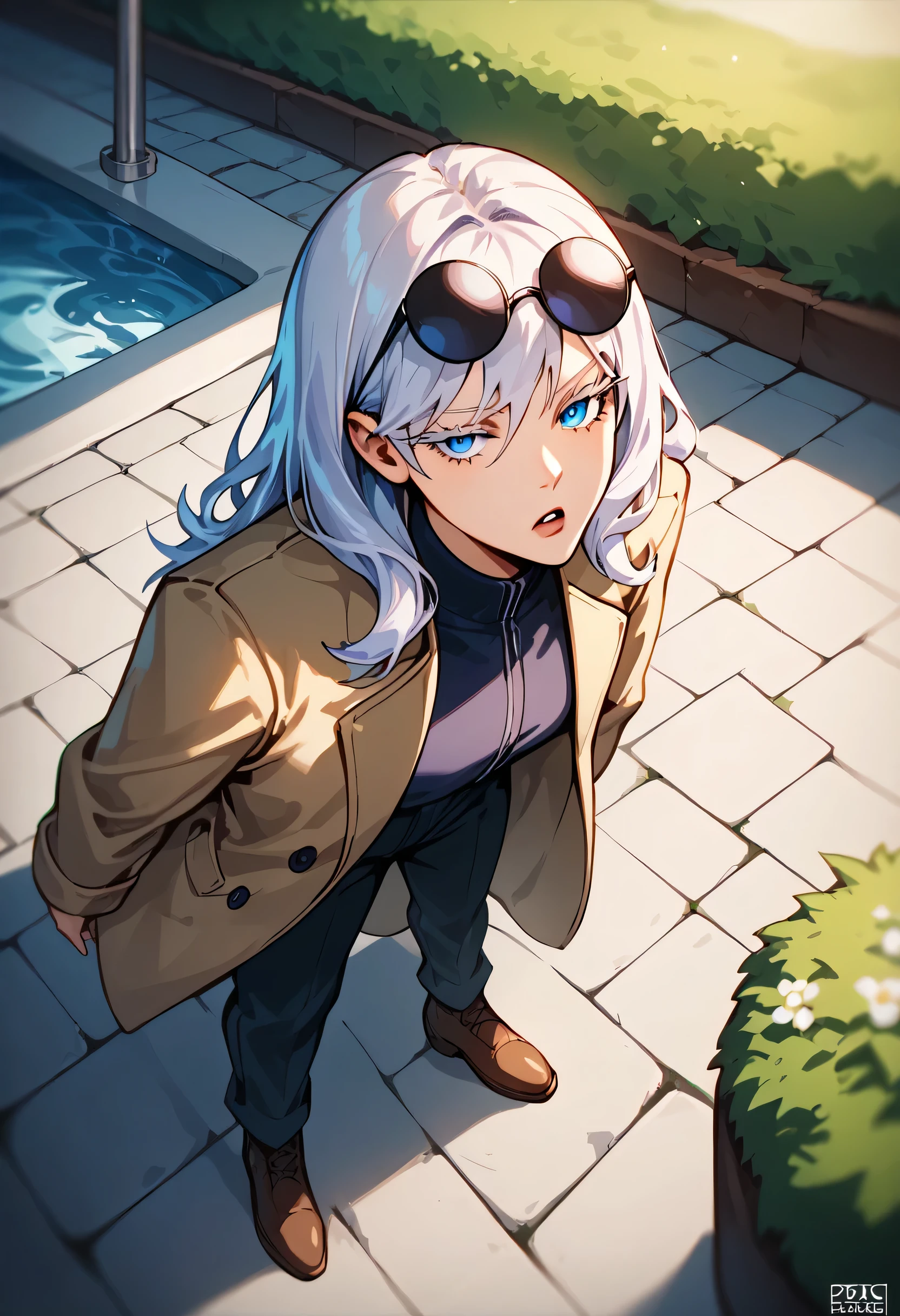 punctuation_9, punctuation_8_High above, punctuation_8, best qualityer,work of art,4K,very aesthetic,no censure,assessment_explicit,assessment_questionable, アニメ_fountain, gojou satora, gender swap \(mtf\), long hair, White hair, blue colored eyes, Depth of field, stunning color, (white eyelashes:1.5), female focus, break, 1 girl, mellow, gazing at viewer, (Glasses on the head, round glasses), ssmile, Grinning, Grinning, forest background, trench coat, Striped culotte pants, break, Animado pela DreamWorks Animation, disheveled hair, perfect composition, break,cinematic lighting and shadow, dynamic pose, Expressive, face perfect, perfectbody,(work of art), (best qualityer), (ultra detali), very aesthetic,very detailled, high detailed texture, 8K,