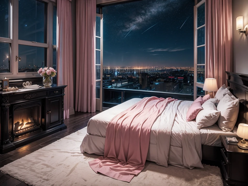 8K HD,night,Night sky with stars, moon, dark clouds and meteors。Glass House,Glass House,There is a big pink bed in the room,There is a table here,TV,There is one,With light,With bookshelf,Pink Curtains,Large glass windows all around,Overlooking the panoramic view,The most important thing is to have a big bed,Outside the window is the city scenery and tall buildings