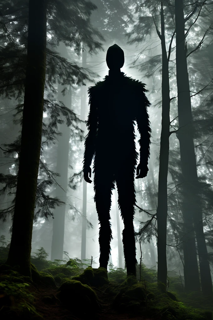hyperrealistic. humanoid shadow without face, standing in the dark forest