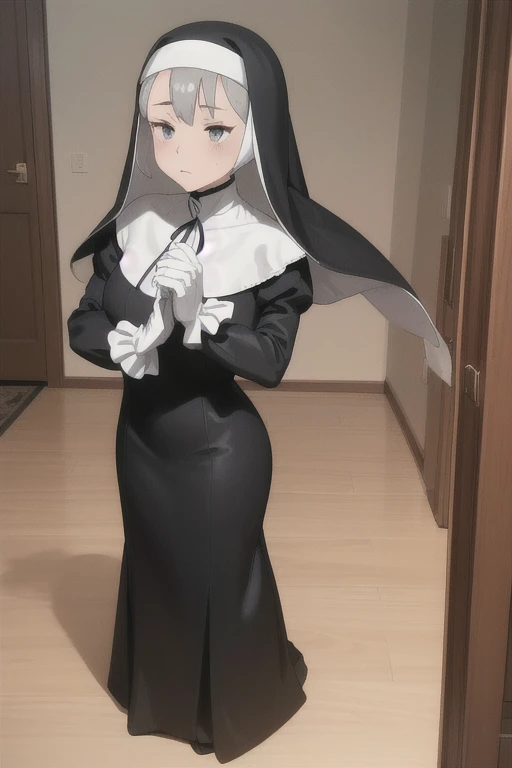 Mature women, nun, 1girl, solo, nun outfit, puffy sleeves, cape, long skirt, white gloves, hands covered face, (perfect skin),(no emotion), anime, room, bedroom, sexy pose, standing, heels boots 