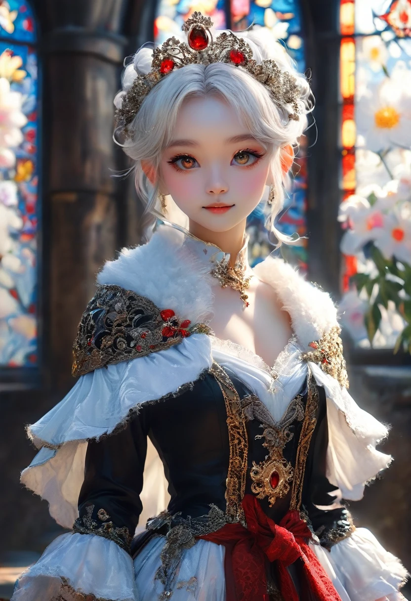 uploaded on e621, ((by Yurusa, by Childe Hassam, by Kenket, by Kyoto Animation)),
solo (chibi:1.15) ((sheep (lamb \(cult of the lamb\)), black body and white fur, white hair, horn, clear red sclera)),
(wear red crown, red cloak, grey black gown:1.25), (flat chested, smile), ((detailed fluffy fur)),
(half-length portrait, looking at viewer, three-quarter view:1.3),
BREAK,
(standing at church with stained glass:1.25), (outside, fog, mist, candle:1.2),
(detailed background, depth of field, half body shadow, sunlight, ambient light on the body),
(intricate:0.7), (high detail:1.2), (unreal engine:1.3), (soft focus:1.1),
[explicit content, questionable content], (masterpiece, best quality, 4k, 2k, shaded, absurd res)
