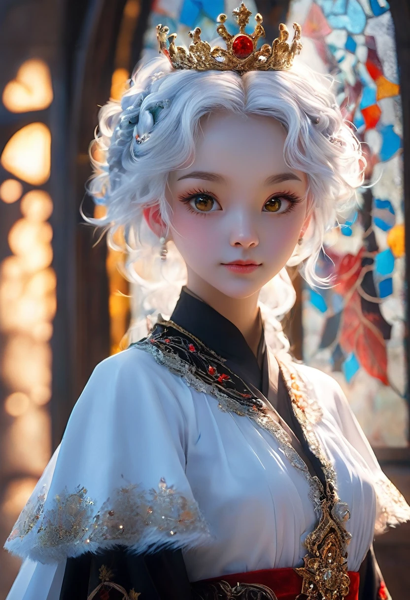 uploaded on e621, ((by Yurusa, by Childe Hassam, by Kenket, by Kyoto Animation)),
solo (chibi:1.15) ((sheep (lamb \(cult of the lamb\)), black body and white fur, white hair, horn, clear red sclera)),
(wear red crown, red cloak, grey black gown:1.25), (flat chested, smile), ((detailed fluffy fur)),
(half-length portrait, looking at viewer, three-quarter view:1.3),
BREAK,
(standing at church with stained glass:1.25), (outside, fog, mist, candle:1.2),
(detailed background, depth of field, half body shadow, sunlight, ambient light on the body),
(intricate:0.7), (high detail:1.2), (unreal engine:1.3), (soft focus:1.1),
[explicit content, questionable content], (masterpiece, best quality, 4k, 2k, shaded, absurd res)