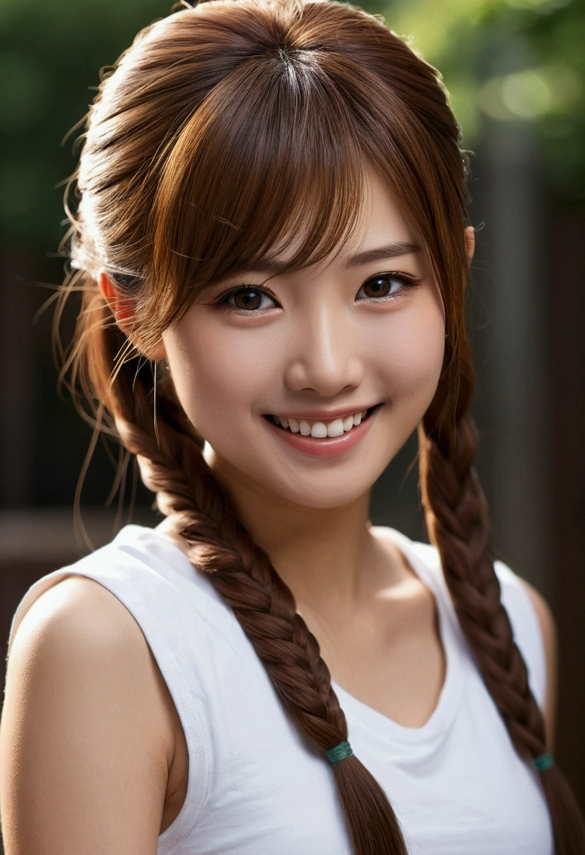 sleeveless, Horse tail, japanese girls, 8k, LEY Photos, Superior quality, Masterpiece, realist, Super photorealistic detail, A girl, beautiful, the best smile, pretty eyes, wide, perfect facial features,