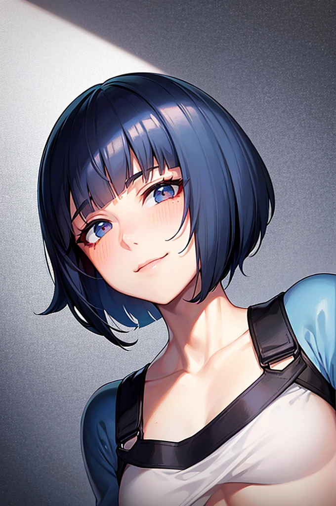 bowlcut cut short hair, twink male, dark blue hair and eyes, multiple beauty marks on face, cute shy smile, feminen body with male parts, no muscles, blush, young male