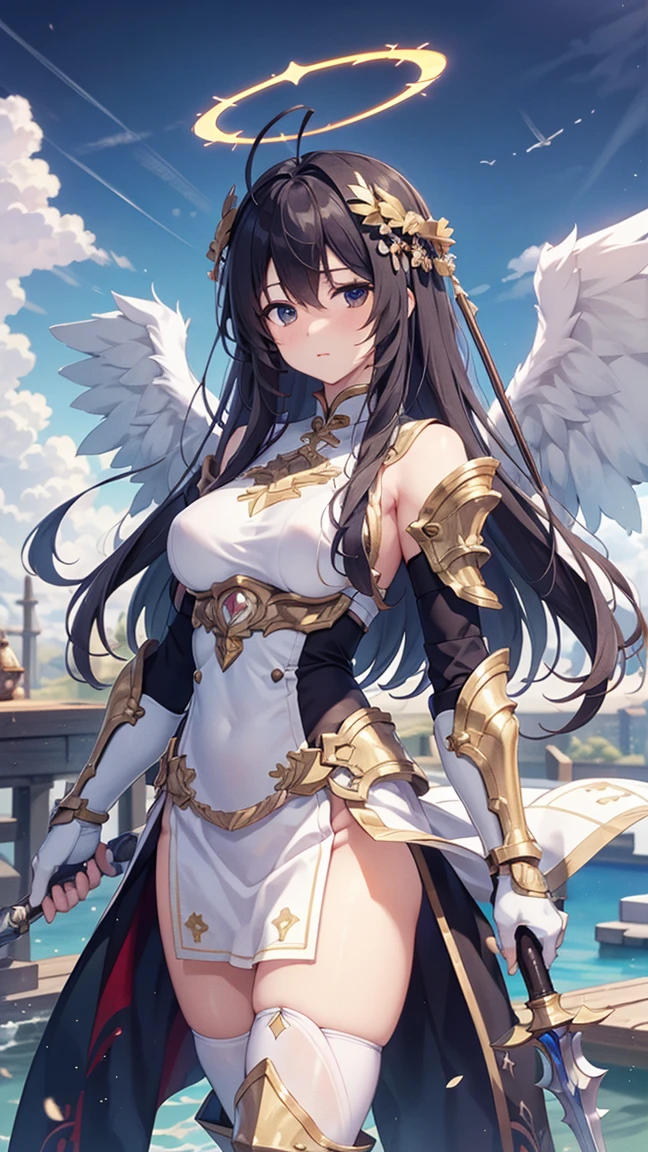 1 Girl,Angel wings,Medium breasts,(Sunlight),(Angel),Dynamic Angle,floating,wing,黑色wing，Black Hair，Halo,floating white silk,(Holy Light),Silver Star,outdoor,Sky,antenna,Chinese weapons,Holding lever arm,spear,fly,flying,Shoulder_armor,Shin_Guard,Oil residue,helmet,armor,, (masterpiece:1,2), best quality, masterpiece, high resolution, The original, Extremely detailed wallpaper, Perfect lighting,(Extremely detailed CG:1.2), drawing, brush，Holding a weapon，Sky城，laser