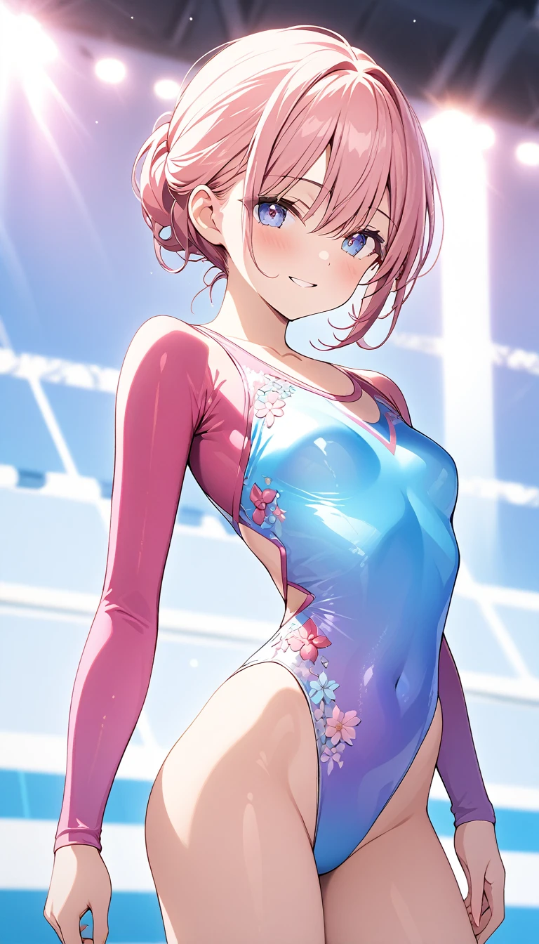 highquality illustration, masterpiece, very delicate and beautiful, attractive girl,(gymnastics leotard, Floral patterns leotard,long sleeve leotard with glittery decoration,high_leg leotard,athletic leotard,tight-fit leotard,iridescent gradient leotard,long-sleeve leotard),thin,slender body,slim,high school,gymnasium background,gymnastics club,gymnastics athlete,princess, beautiful eyes,light smile,(masterpiece, best quality:1.2), highres, extremely detailed CG unity 8k wallpaper, perfect lighting, Colourful, ultra-high res,4K,ultra-detailed, photography, 8K, HDR, 17 ages,cowboy shot,
